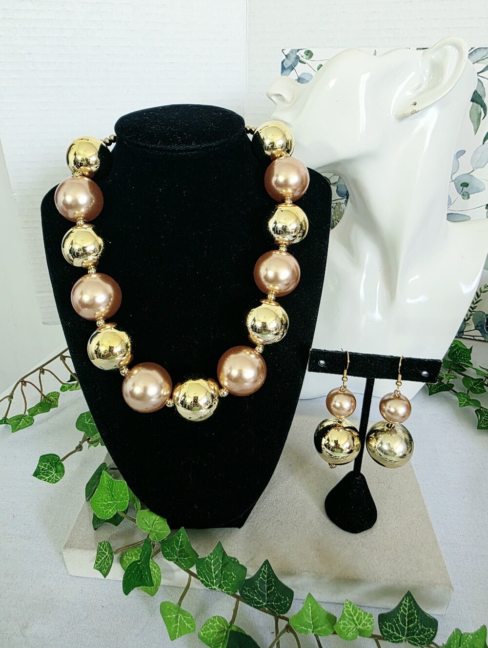 Bold Gold-Tone & Rose-Gold Pearl Chunky Statement Necklace & Earring Set